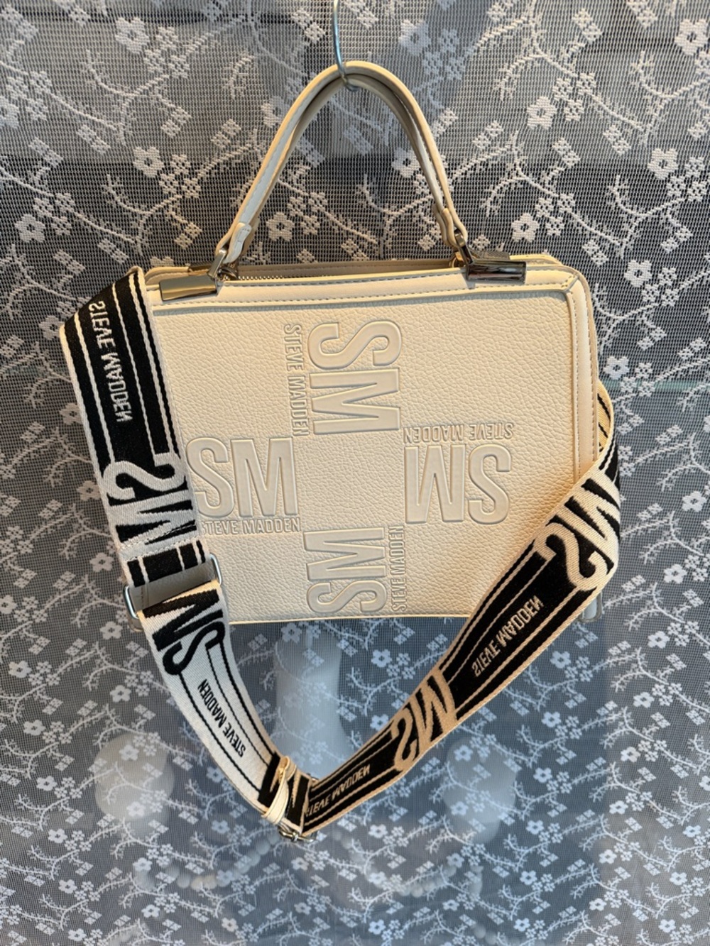 Steve Madden Cream Embossed SM Logo Satchel with Branded Strap - Picture 6 of 8